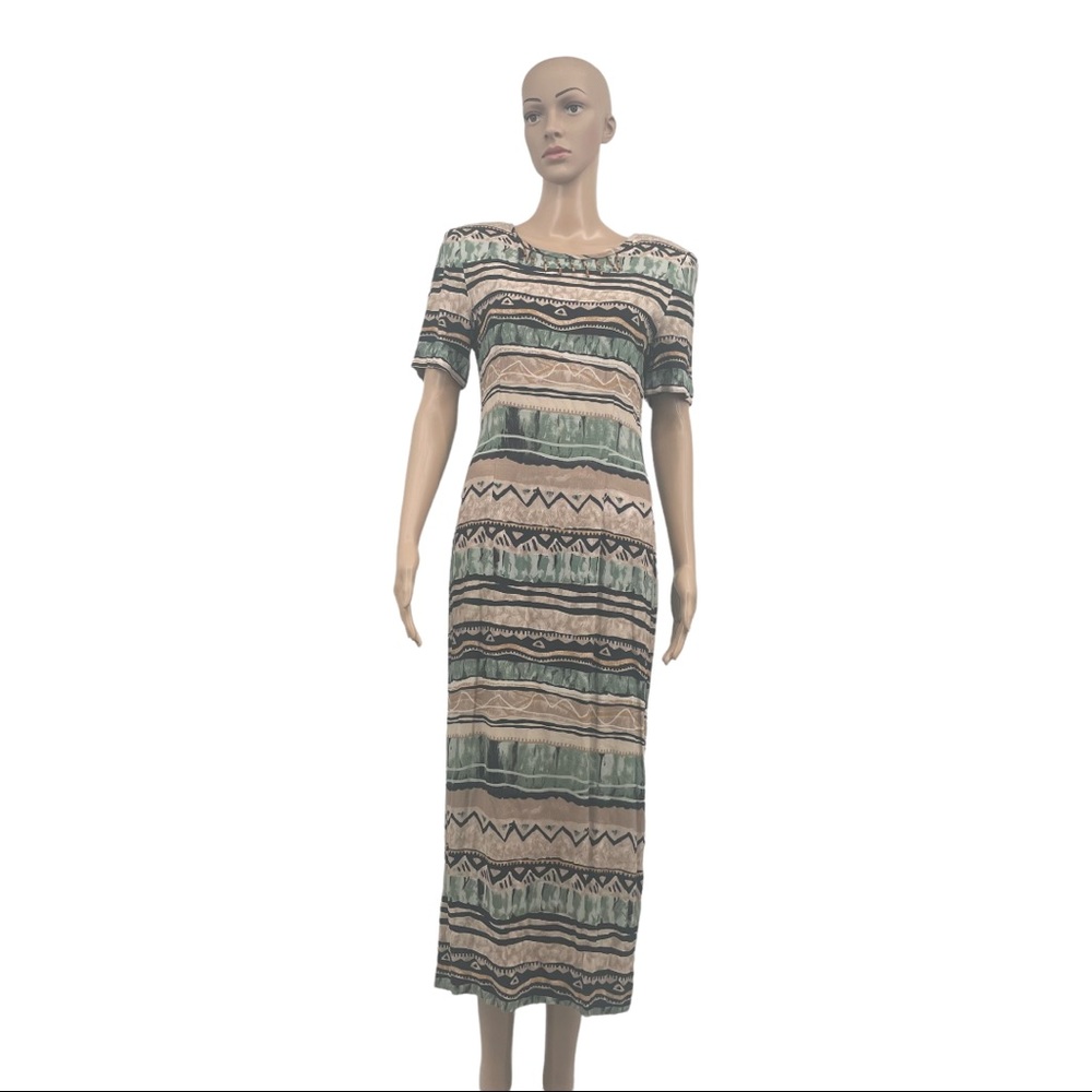 Vintage John Roberts Tribal Print Maxi Dress | 80s Shoulder Pad Boho Midi Dress